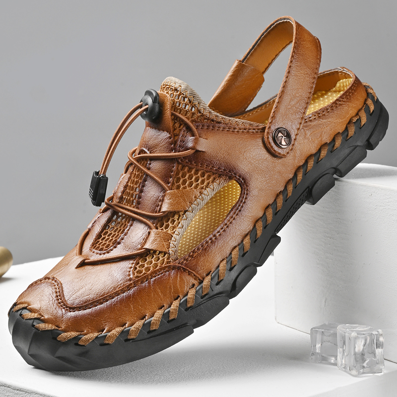 Arkget Shoes | Men's Leather Mesh Handmade Outdoor Walking Beach Sandals Slippers