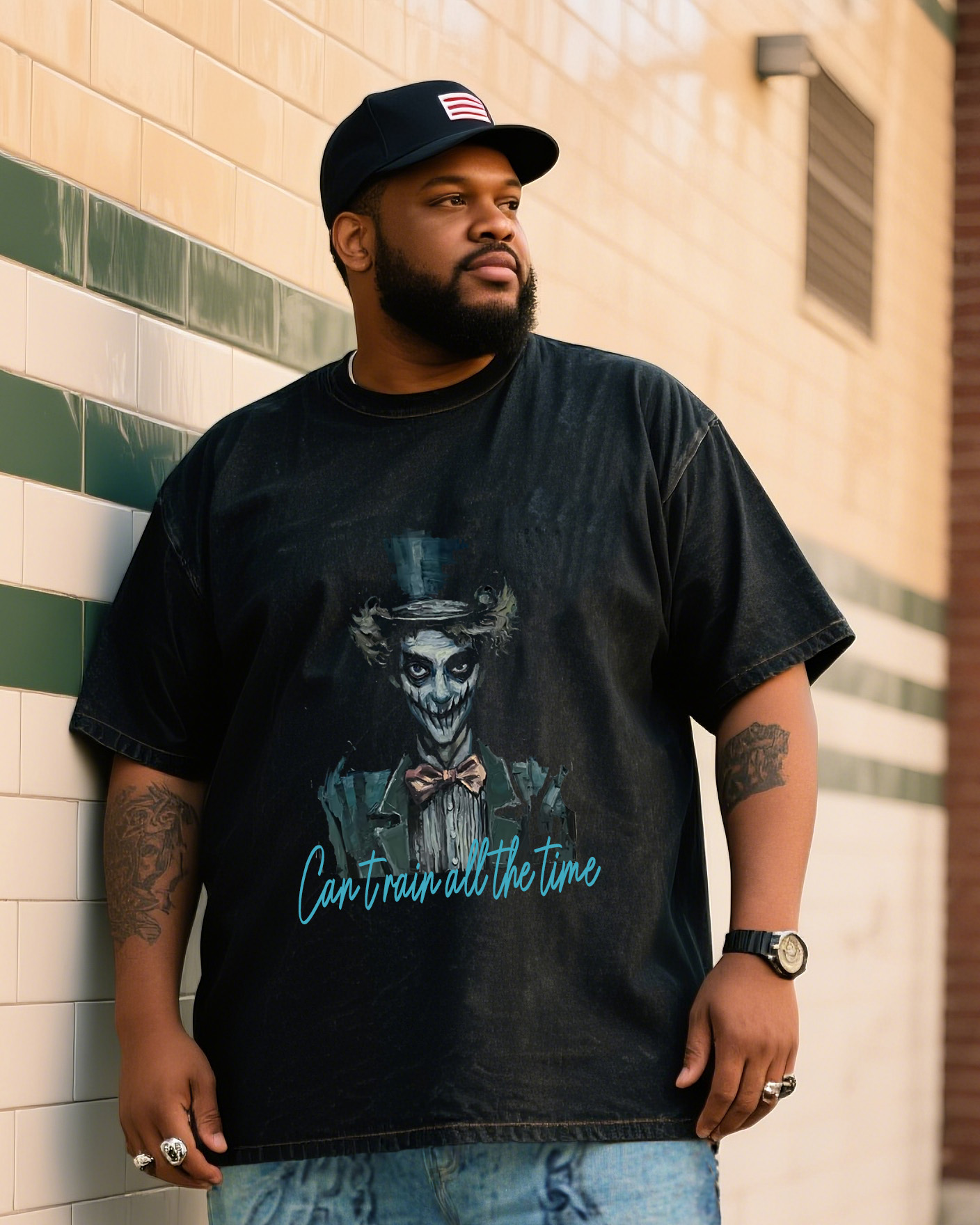 Plus Size Men's Crow Clown Print T-Shirt Personalized Graffiti Pants Denim Suit