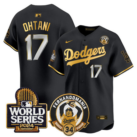 Men's Los Angeles Dodgers #17 Shohei Ohtani Black Fernando Valenzuela & 2024 World Series Patch Limited Stitched Baseball Jersey