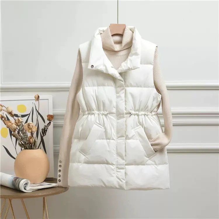 Toloer Down Vest Female 2024 Winter New Closed Waist Stand Collar Show Thin Warm White Duck Velvet Vest Outside Wearing Vest Tide-Outfit Ideas