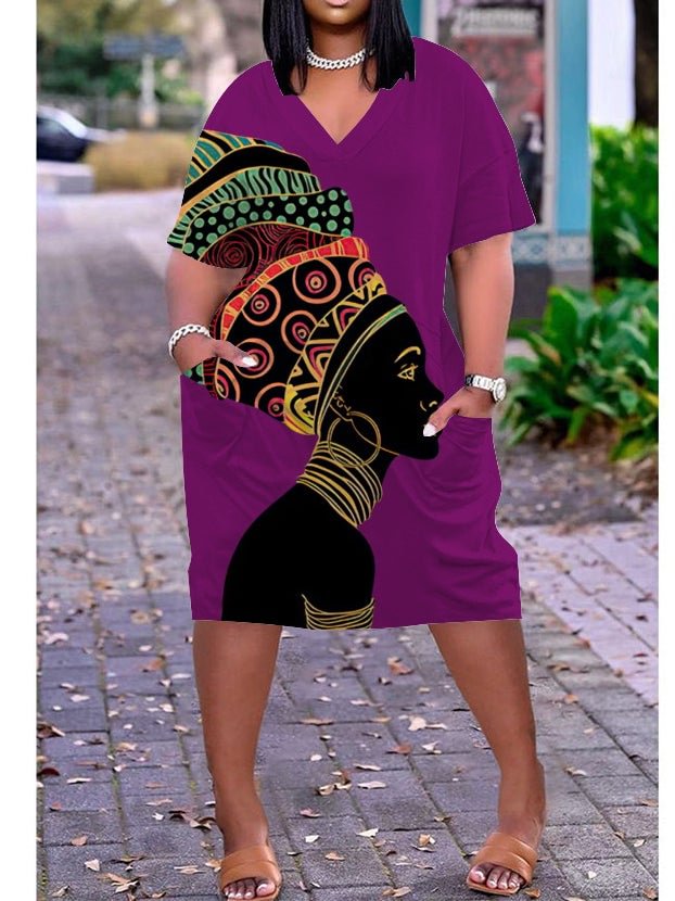 African Tribal Girl Print Plus Size V Neck Mid Sleeve Dress