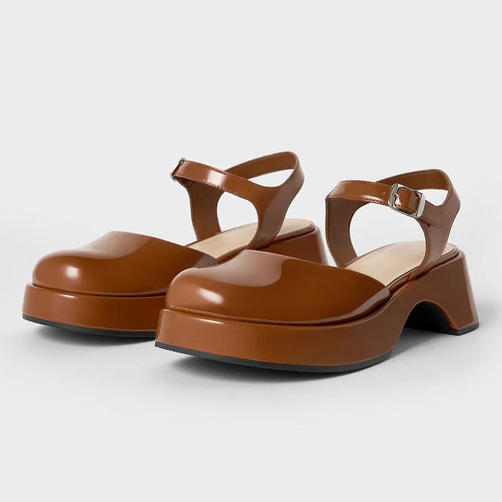 YDN Brown Round Toe Ankle Strap Chunky Heel Platform Sandals