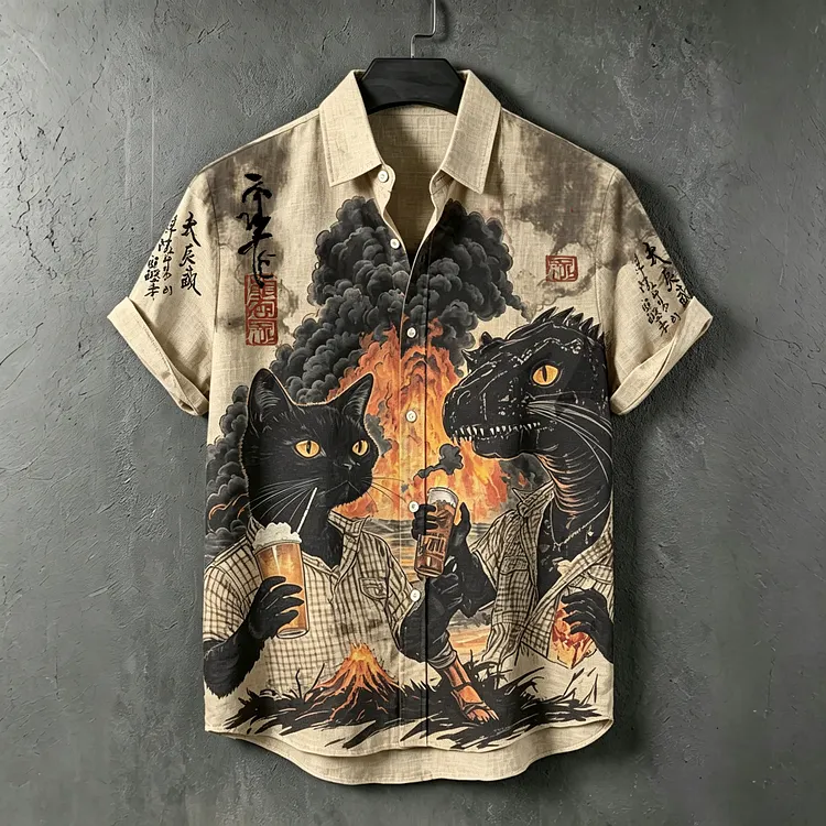Men's Retro Black Cat Cheers! Cheers! Japanese Ukiyo-e Art Print Button Casual Shirt