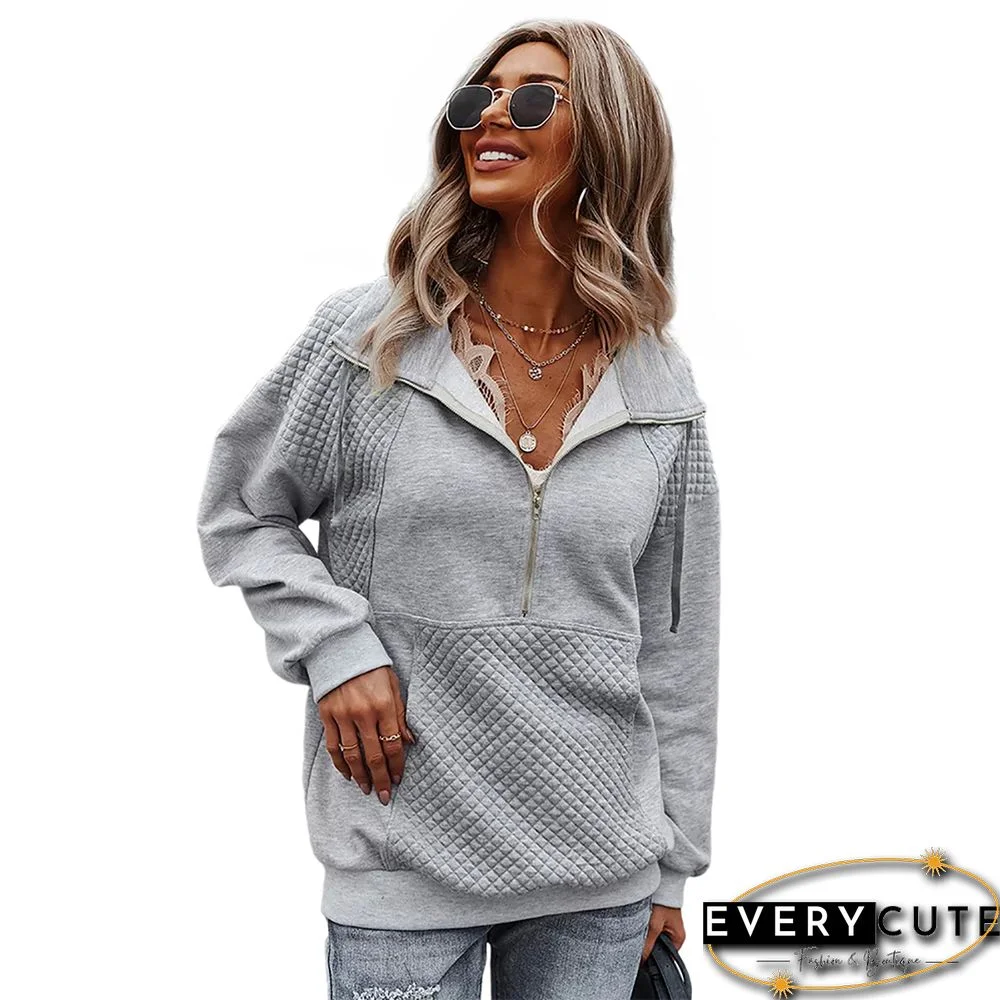 Gray 1/2 Zip Neck Pocket Long Sleeve Sweatshirt