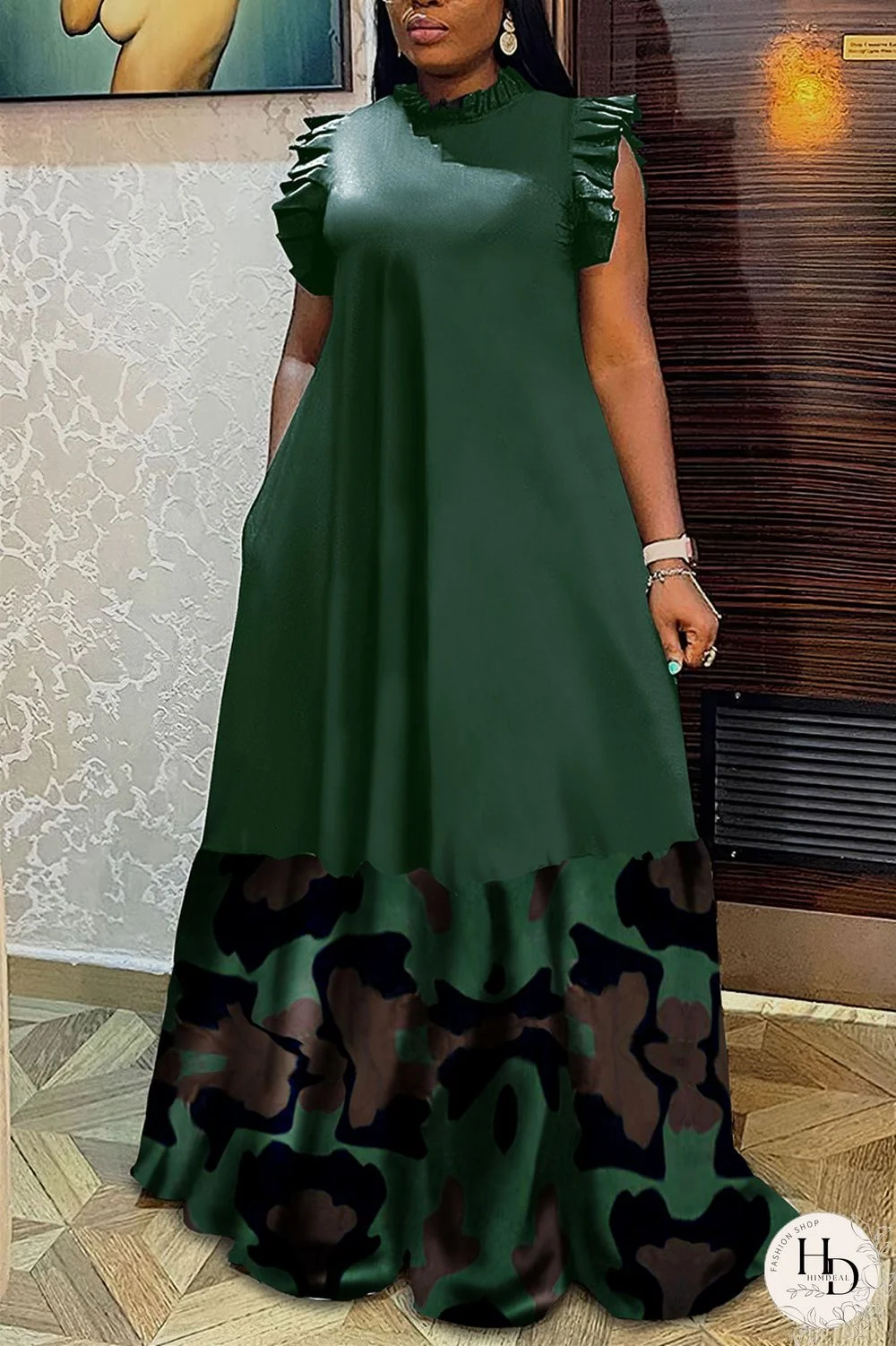 Ink Green Vintage Elegant Print Leopard Patchwork Long Dress Plus Size Dresses