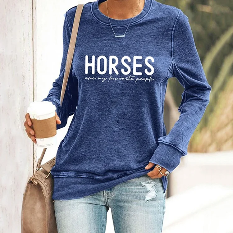 Comstylish Horse Letter Print Round Neck Long Sleeve Sweatshirt
