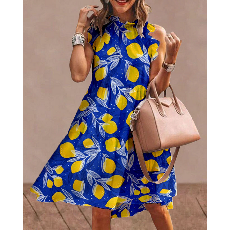 Women's Blue Lemon Print Sleeveless Dress socialshop