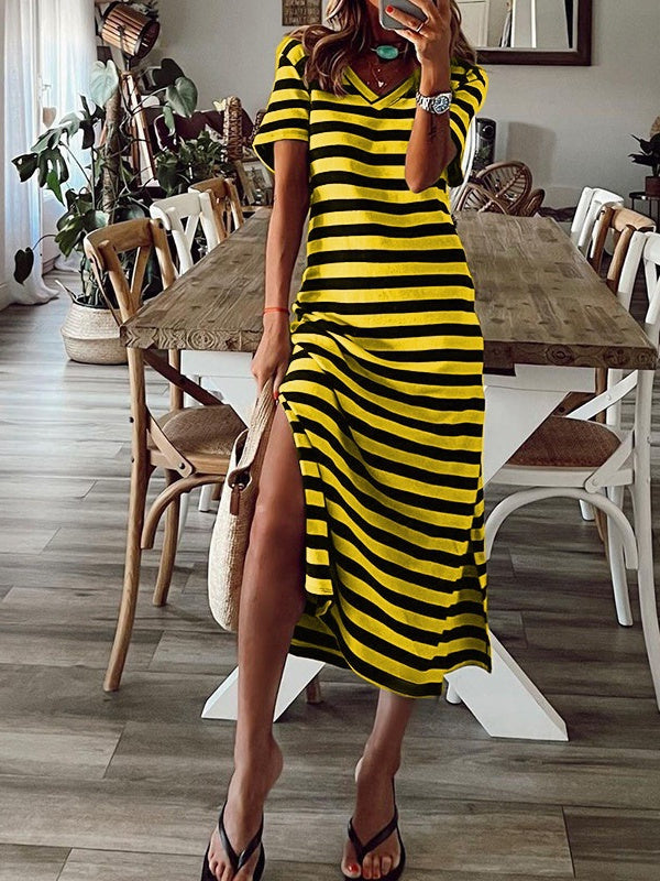 Women's Short Sleeve V-neck Graphic Striped Midi Dress