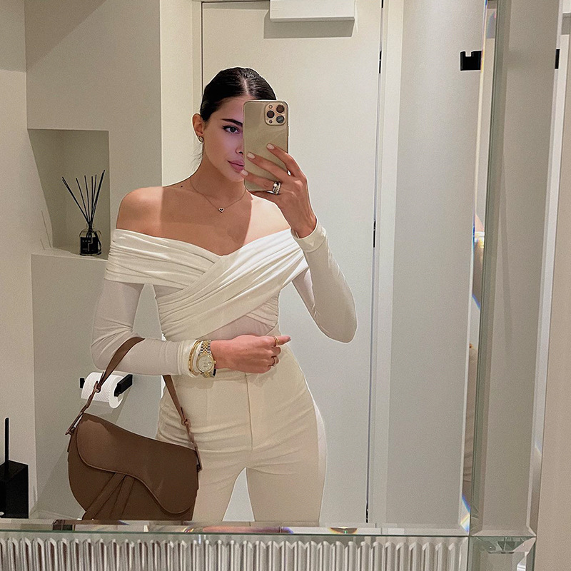 Ootddress White See-Through Patchwork Jumpsuit For Women Pleated Slim Sexy High Waist Long Sleeve Off-Shoulder Rompers Streetwear