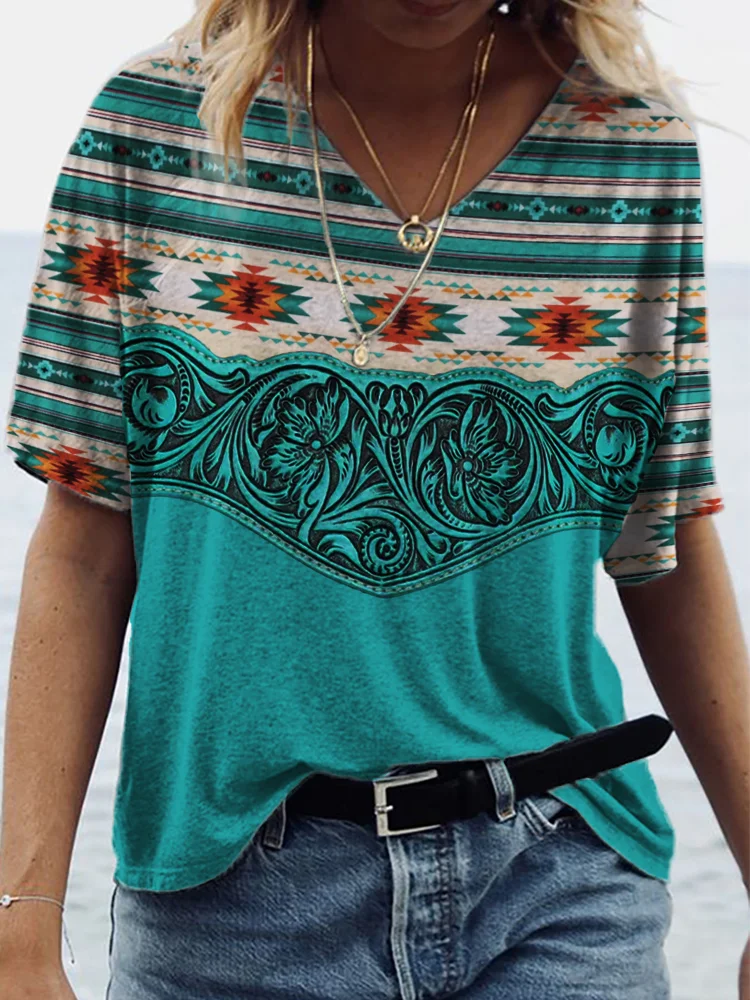 Western Aztec Leather Art Contrast V Neck T Shirt