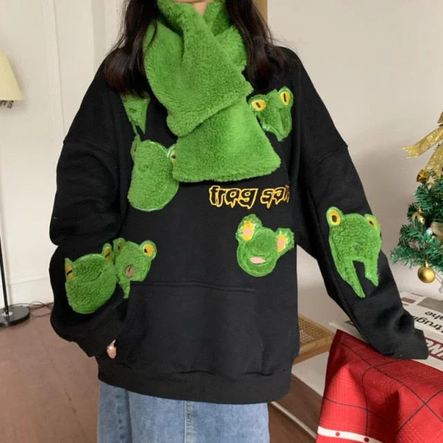 Kawaii Plush Frog Embroidery Scarf Hoodie BE303