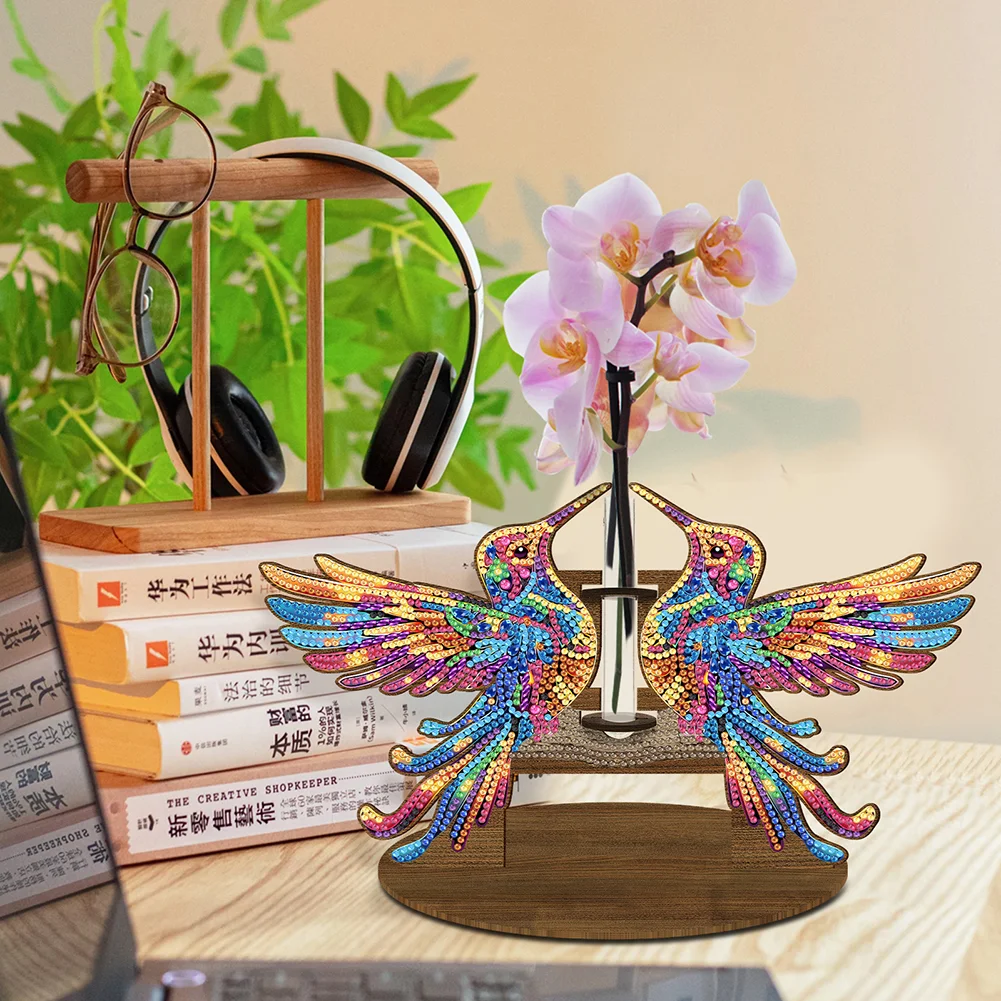DIY Wooden Hummingbird Diamond Painting Flower Vase Ornaments for Home Office Decor