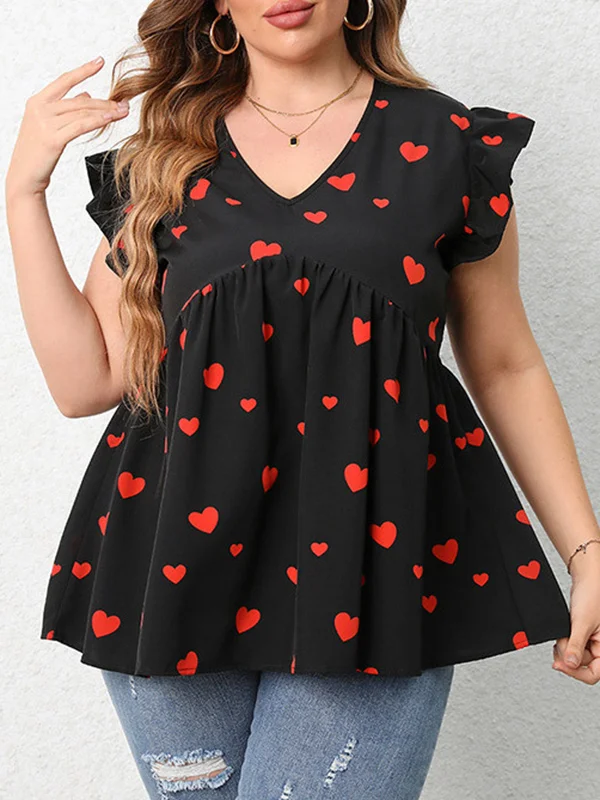 Heart Print Ruffled High Waisted Loose V-neck T-Shirts Tops