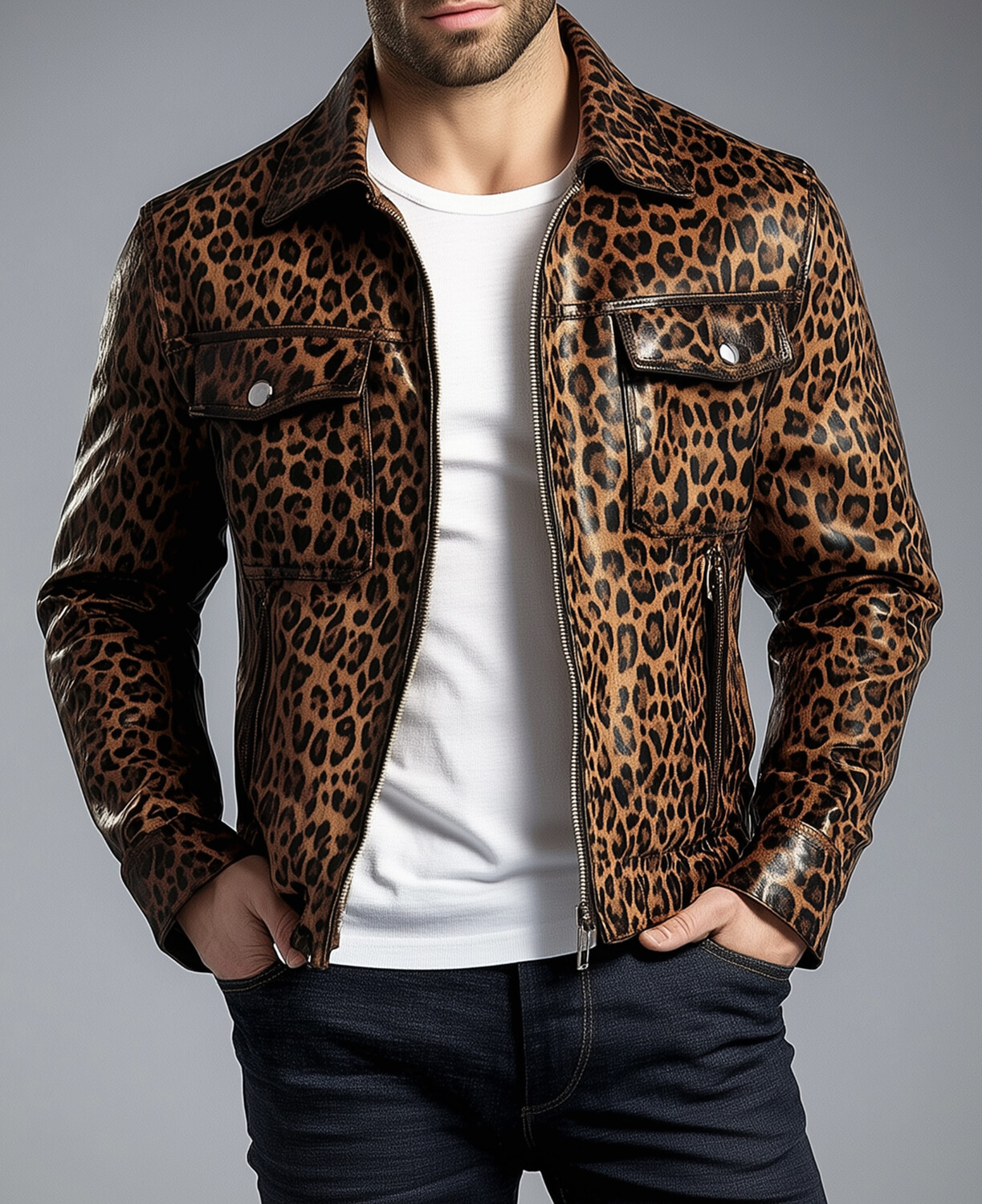 Okaywear PU Leather Leopard Pattern Chest Pockets Zipper Jacket