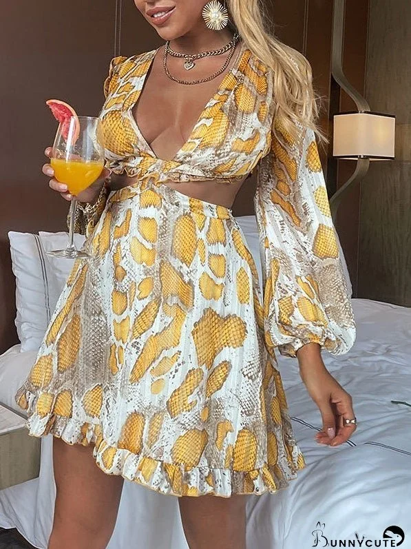 Dresses Deep V-Neck Hollow Open Back Printed Long Sleeve Dress for Women