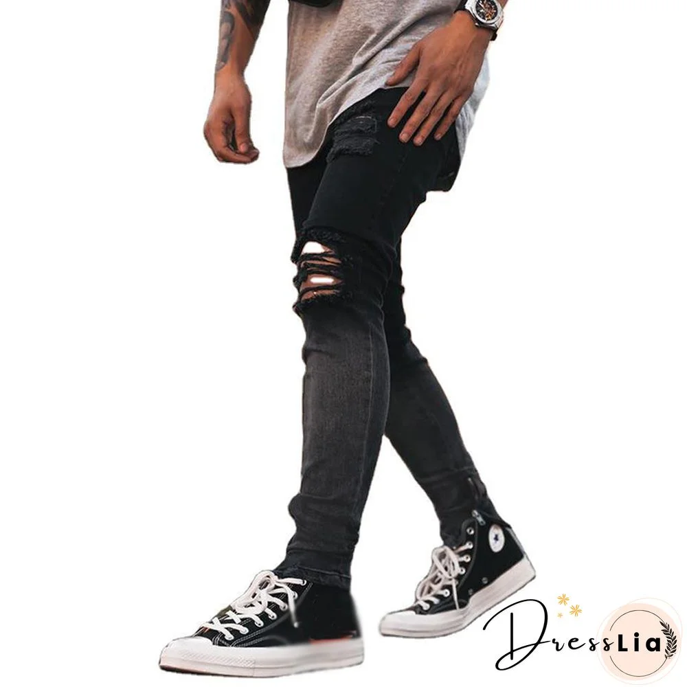 Men's Small Feet Black Fashion Jeans With Ripped Zipper Ankle