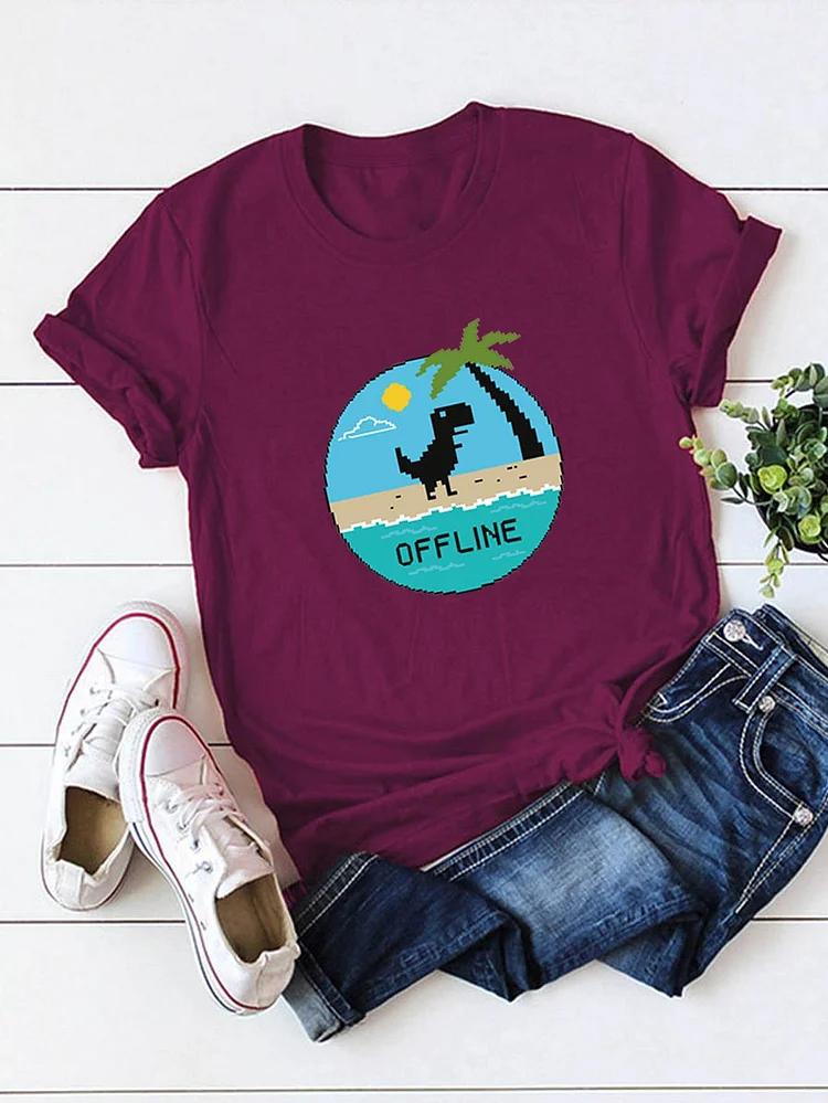 Bestdealfriday Offline Beach Dinosaur Cotton Crew Neck T-Shirt 9555330