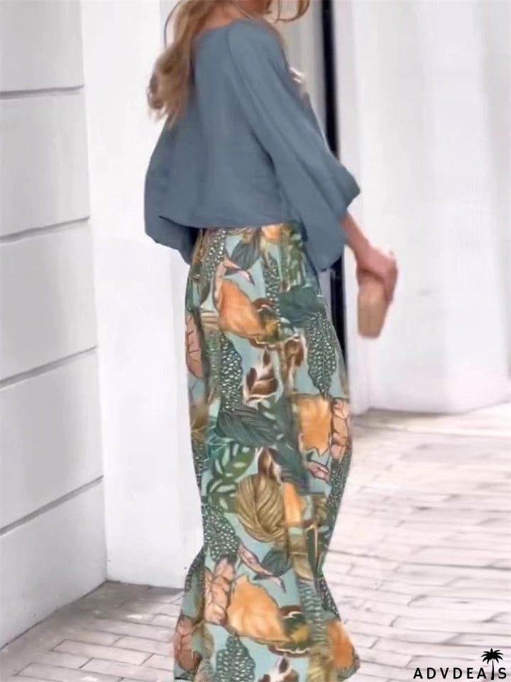 Female New Lantern Sleeve Tops Printed Wide Leg Pants Set