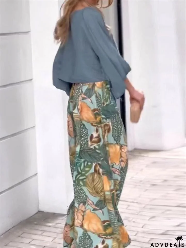 Female New Lantern Sleeve Tops Printed Wide Leg Pants Set