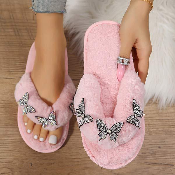 Women's Slip-On Colorful Butterfly Rhinestone Cotton Slippers