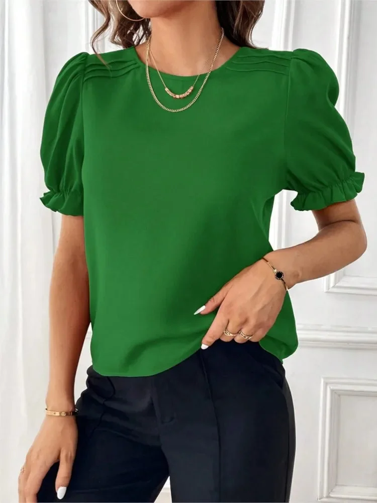 Huiketi Women's Blouses Top 2024 Summer New Fashion Red O Neck Lantern Short Sleeve Streetwear Casual Black Shirts For Women Clothing