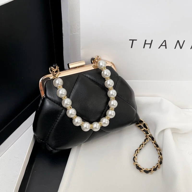 էѧӧܧ Metal frame package Design Pearl PU Leather Bag Crossbody 2021 Summer Luxury Brand Chain Shoulder Handbags Purses