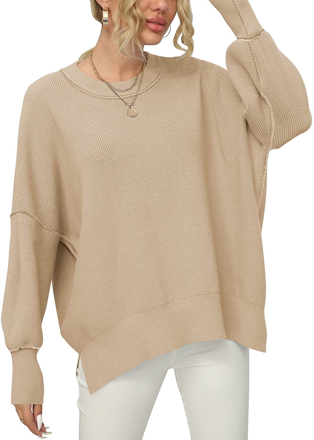  thdmladies Crewneck Batwing Sleeve Oversized Side Slit Ribbed Knit Top thedmladies