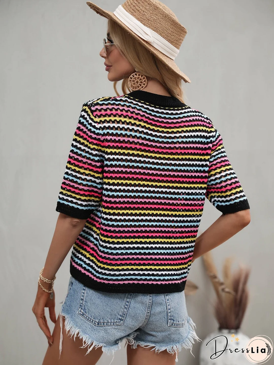 SAYLOR STRIPPED HALF SLEEVE KNIT TOP