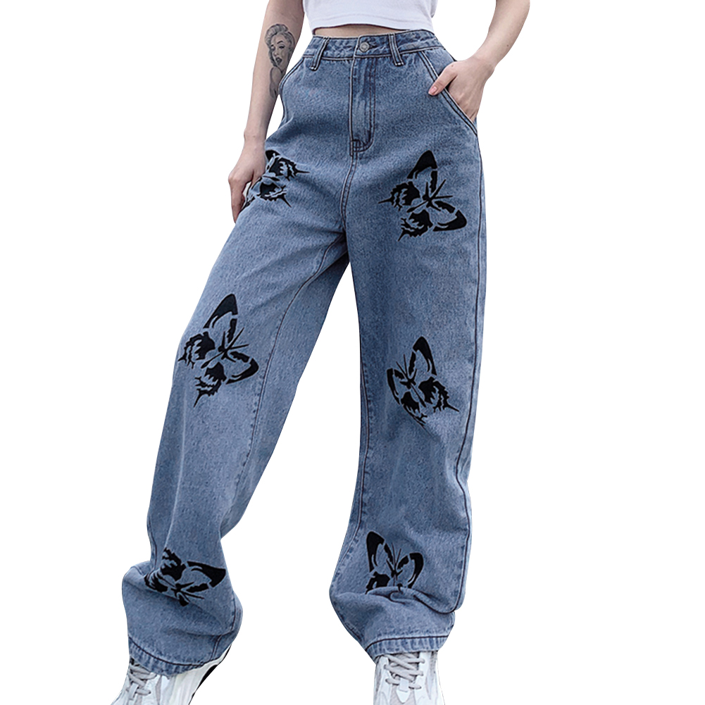 

Women Fashion High Waist Butterfly Printing Pants Loose Full Length Jeans, Blue, 501 Original