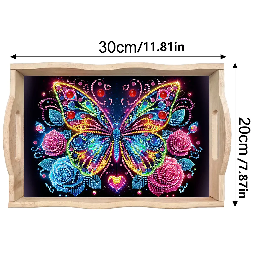 5D DIY Flower Butterfly Diamond Painting Wooden Serving Tray with Handle for Desk
