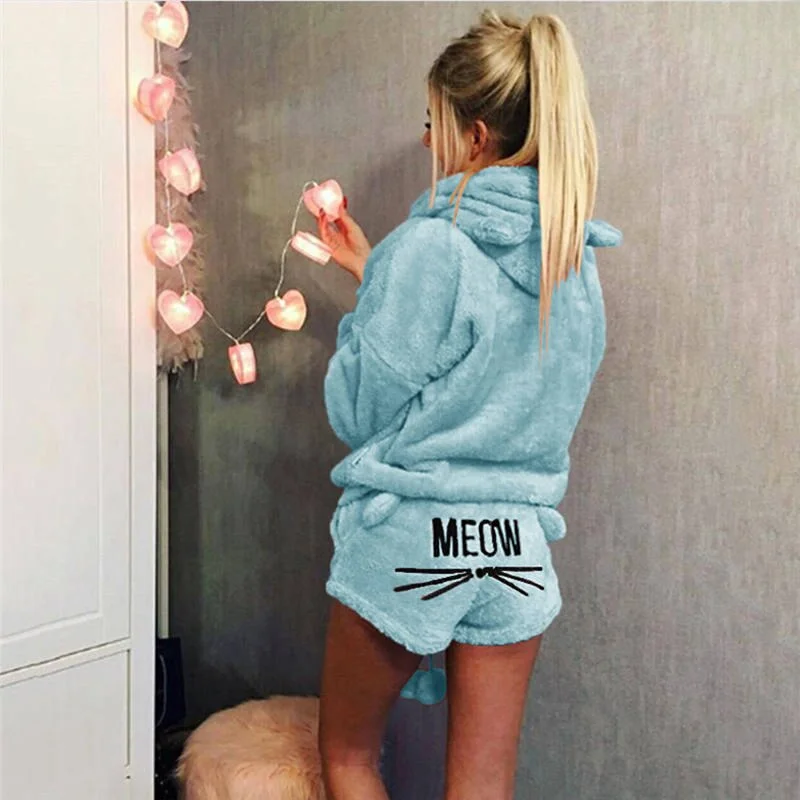 Women Pajamas Sets Hoodies Pants Suits Winter Cat Meow FLeece Soft Sleepwear Two Piece Set Cute Plush Female Homewear Suits