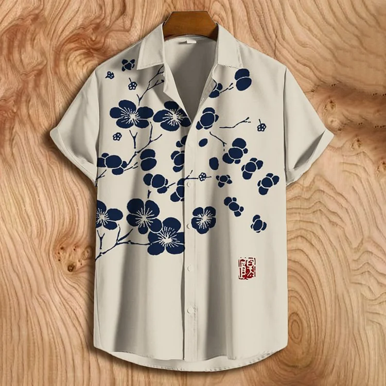 Men'S Cherry Blossom Art Print Button Down Short Sleeve Shirt