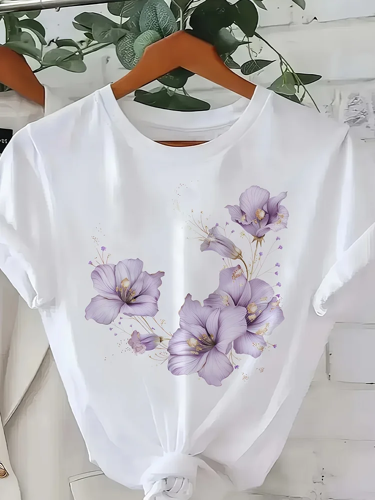 Purple Butterfly Flower Summer Butterfly Print Women's Short-Sleeved White T-Shirt, Light, Versatile, Skin-Friendly And Breathablelow-Price Item