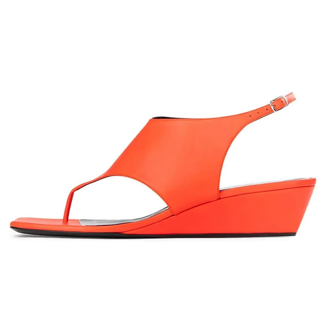 Orange Square Toe Flip Flops Ankle Strap Sandals with Wedge Heel