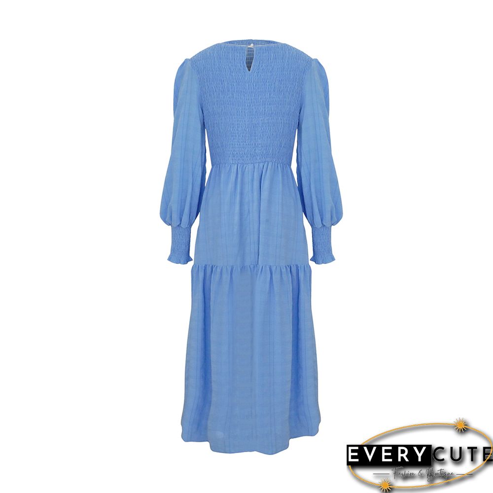 Light Blue Puff Sleeve Pleated Swing Long Dress