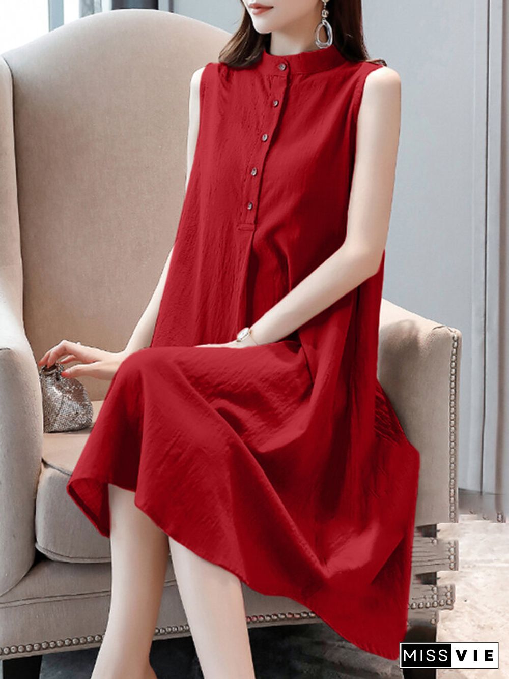 Solid Stand Collar Button Sleeveless Dress For Women