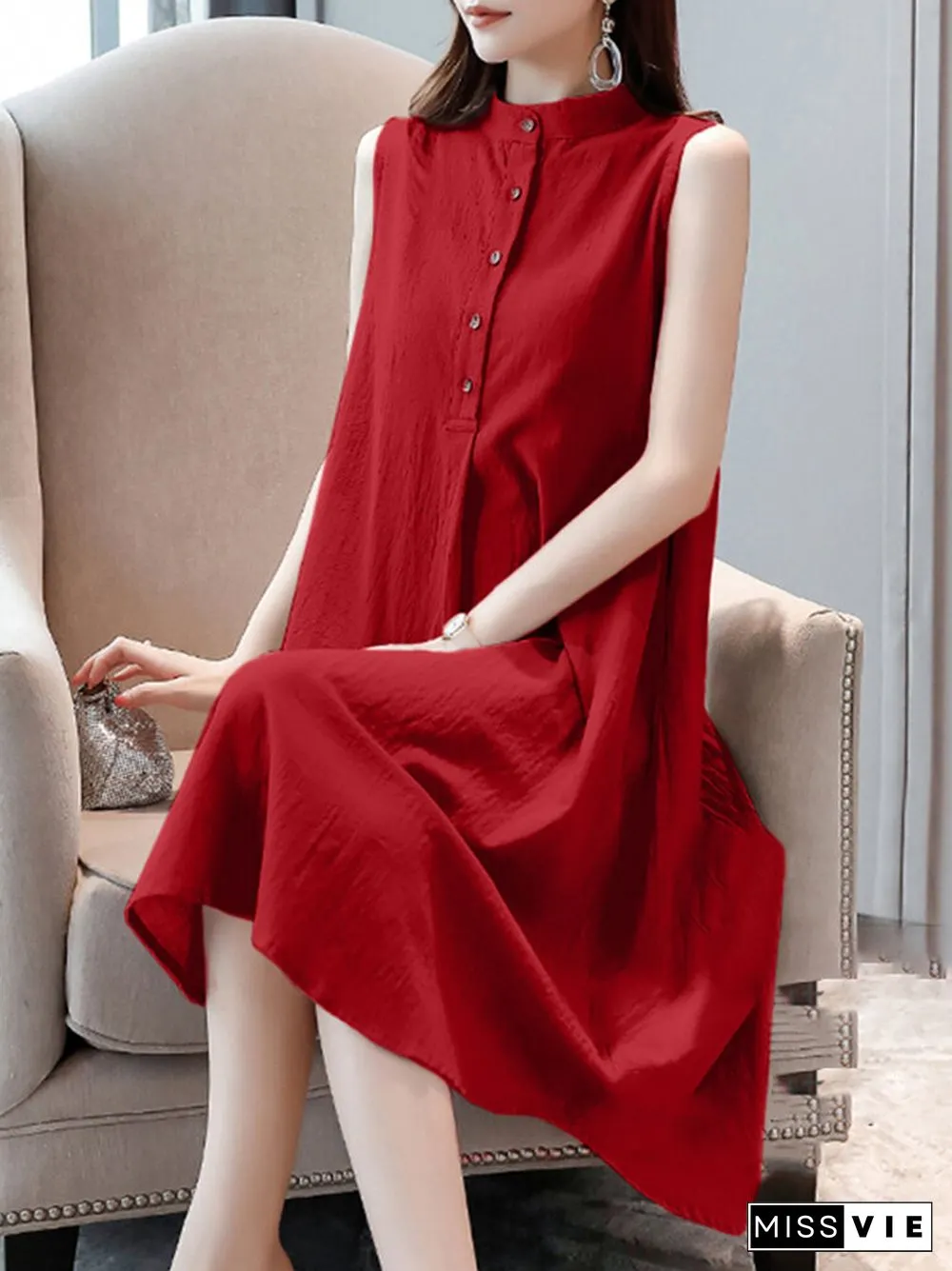 Solid Stand Collar Button Sleeveless Dress For Women