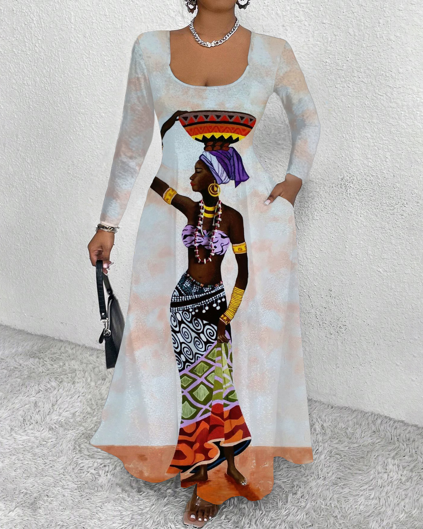 Vintage African Woman Oil Painting Long Sleeve Maxi Dress