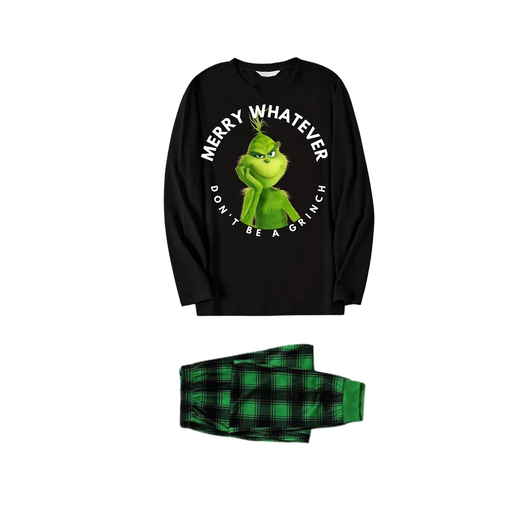 Cartoon Pattern and Christmas Slogan Printed Black Long Sleeve Top with Black And Green Plaid Pants Family Matching Pajamas
