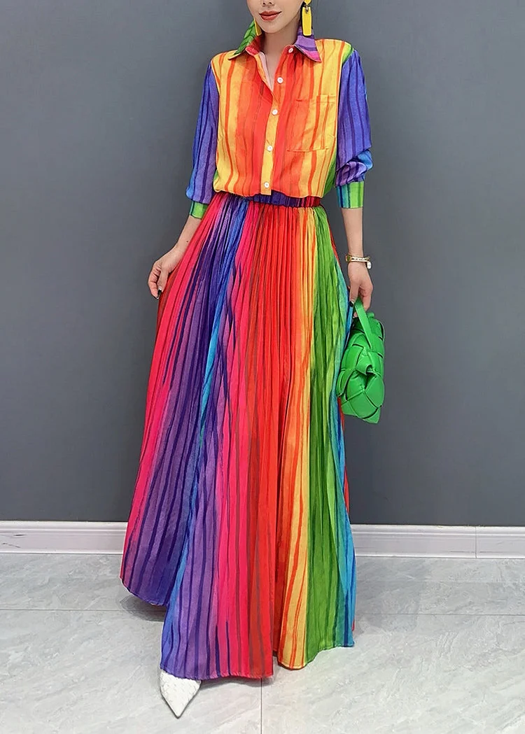 Rainbow Peter Pan Collar Striped Shirts And Maxi Skirts Two Pieces Set Fall