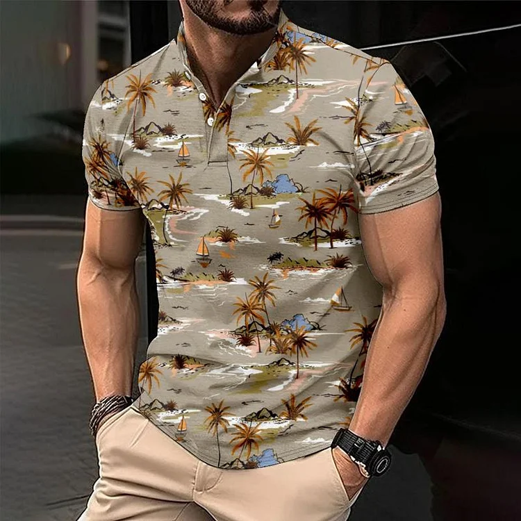 Men's Palm Hawaiian Print Button Down Short Sleeve T-Shirt