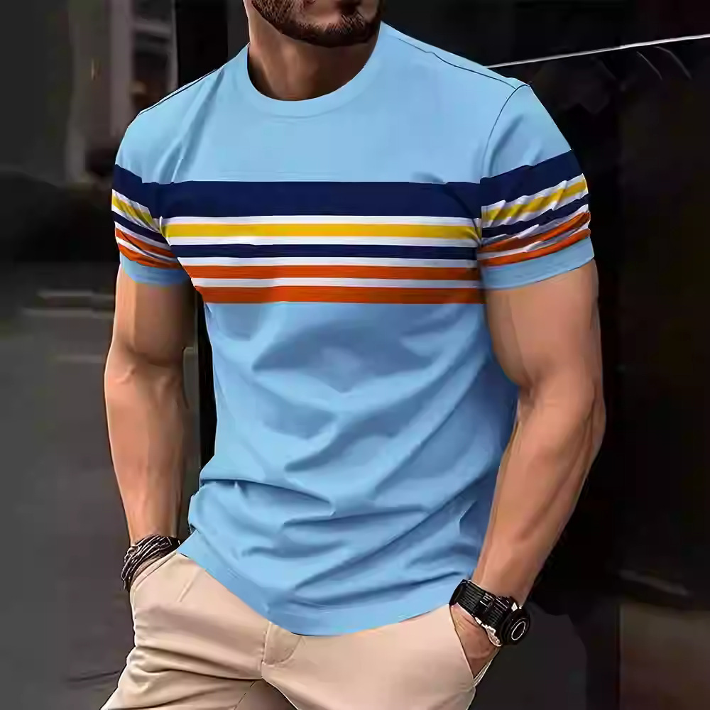 Mature Men 3D Printing Loose Striped Short Sleeve T Shirt Tops
