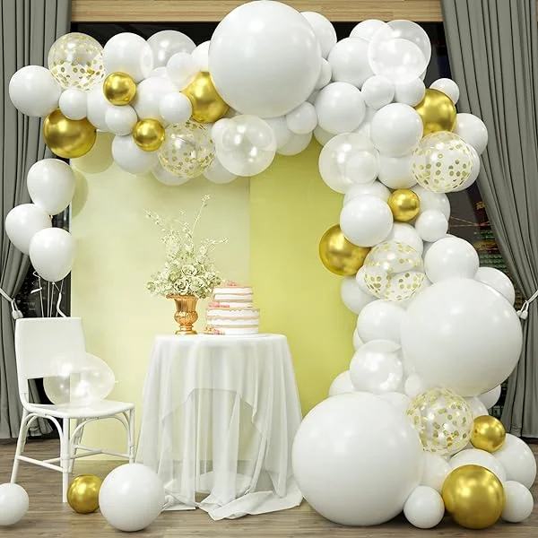 White Gold Balloon Garland Arch Kit,106pcs Balloons Set Included White Metallic Gold Clear and Confetti Balloons Decorations For Birthday Wedding Bridal Shower Baby Shower New Year Party Decor