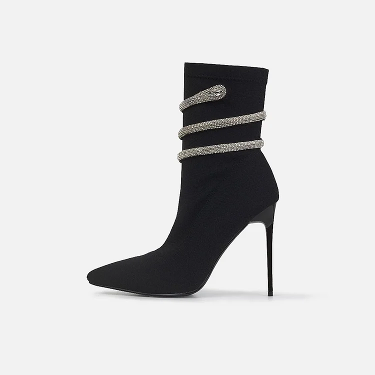 Black Vegan Suede Rhinestone Sock Boot Pointed  Stiletto Heel Mid Calf Boots |FSJ Shoes
