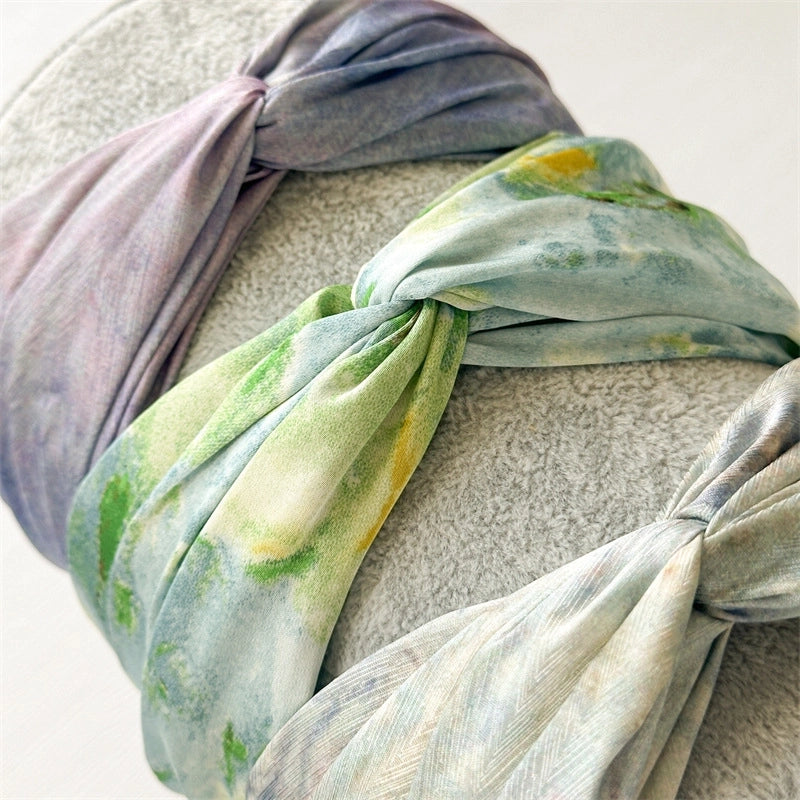 Monet Oil Painting Satin Headband Niche Retro Cross High Skull Top Wide Version Gradient Color Blooming Headband Hairpin For Hair Washing