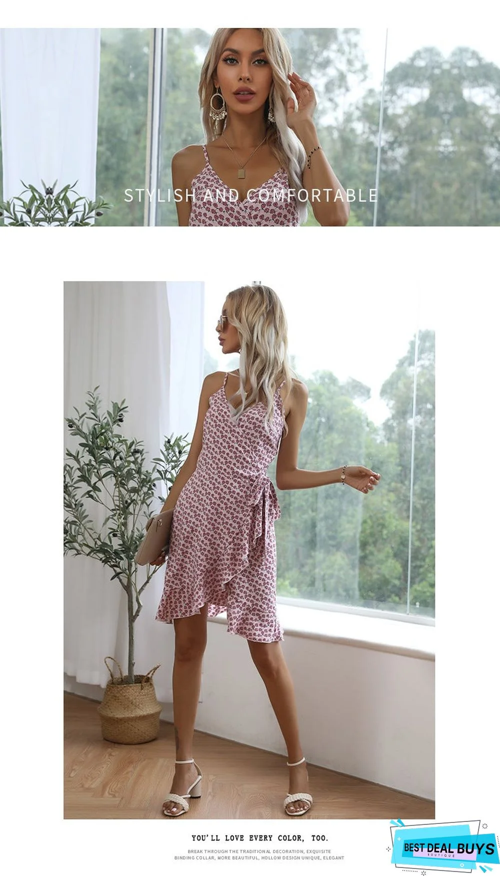 Summer Printing Irregular Ruffled Suspenders Dress Women