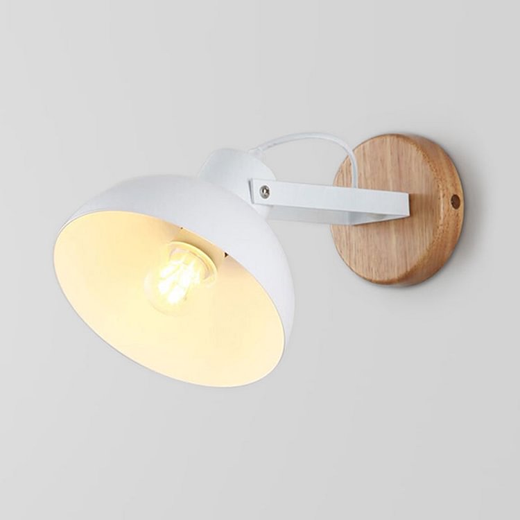 1 Head Bowl Wall Lamp Modernism Metal Sconce Light Fixture in White with Round Wood Backplate
