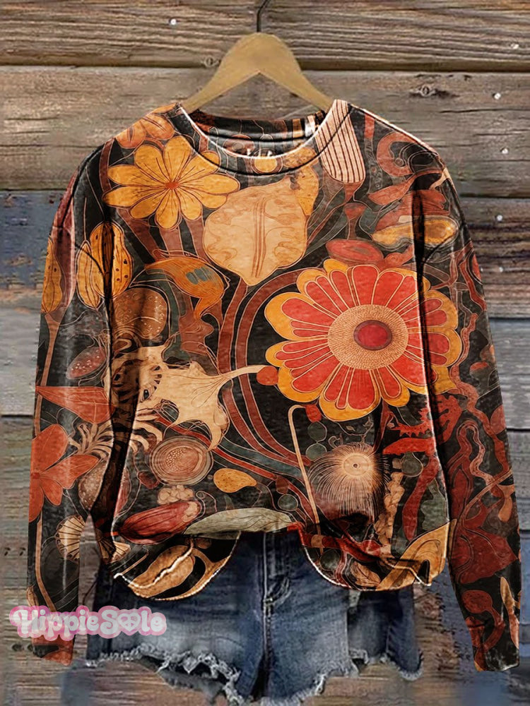 Vintage Floral Art Print Casual Sweatshirt Multicolor / S