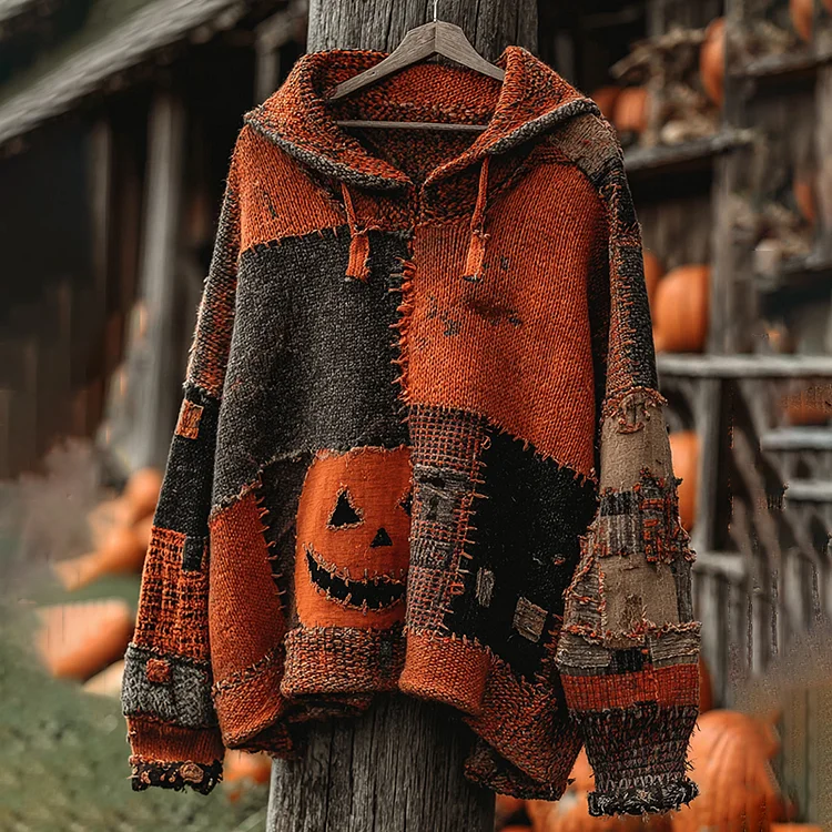 Vintage Patchwork Halloween Pumpkin Face Art Cozy Knit Hooded Sweater