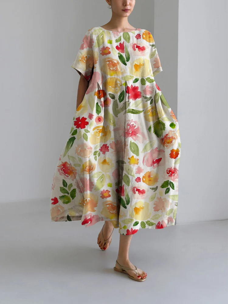 Women's Flower Print Loose Round Neck Medium Length Skirt Dress